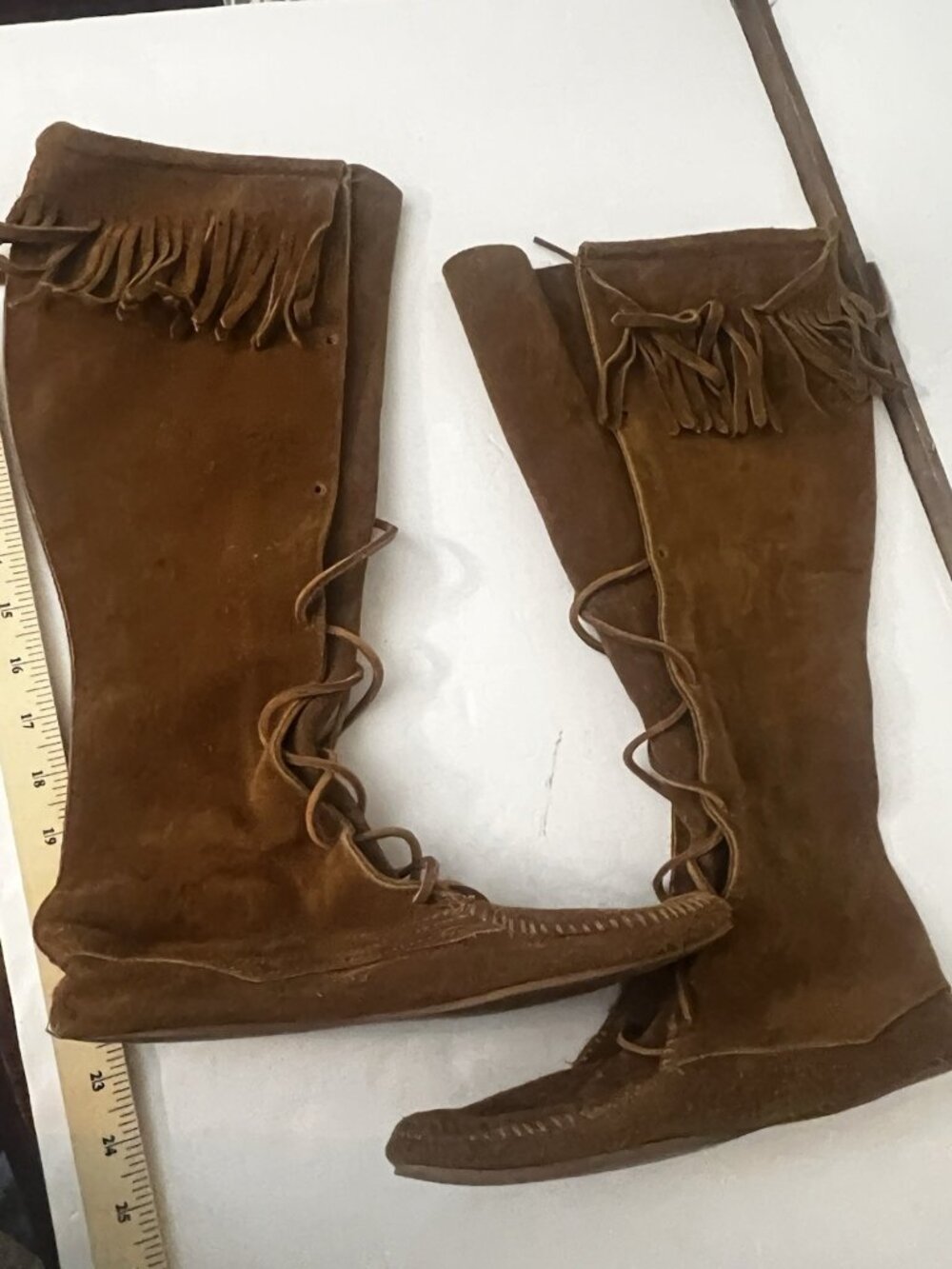 Size  8 Knee High Lace-up Suede Leather Fringe Moccasin Boots Brown